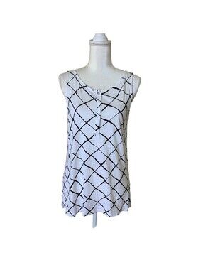 Liz Claiborne Tank Top Womens Medium White Black Grid Print Henley Sleeveless